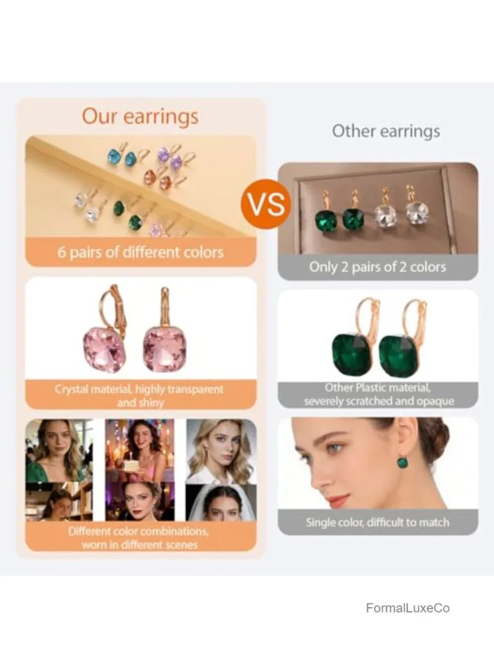 6 Pair Drop Earring Set 14K Gold Plated Austrian Crystal Leverback